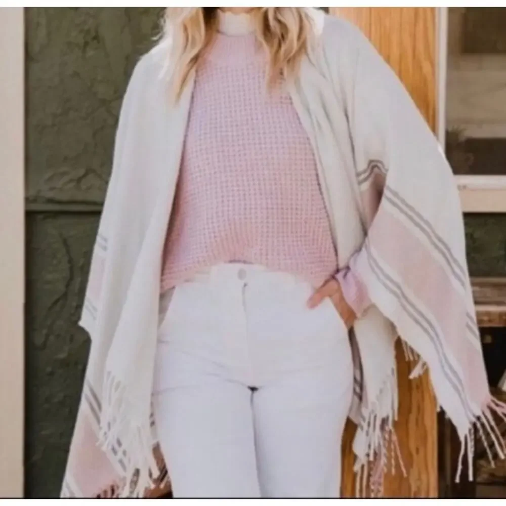 NWT Siizu Causebox blush pink/grey/cream stripe poncho scarf shawl, one size - Picture 5 of 12